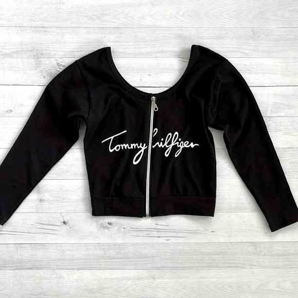 Tommy Hilfiger Tops - Vintage Tommy Hilfiger Black & White Zip Up Stretch Crop Top